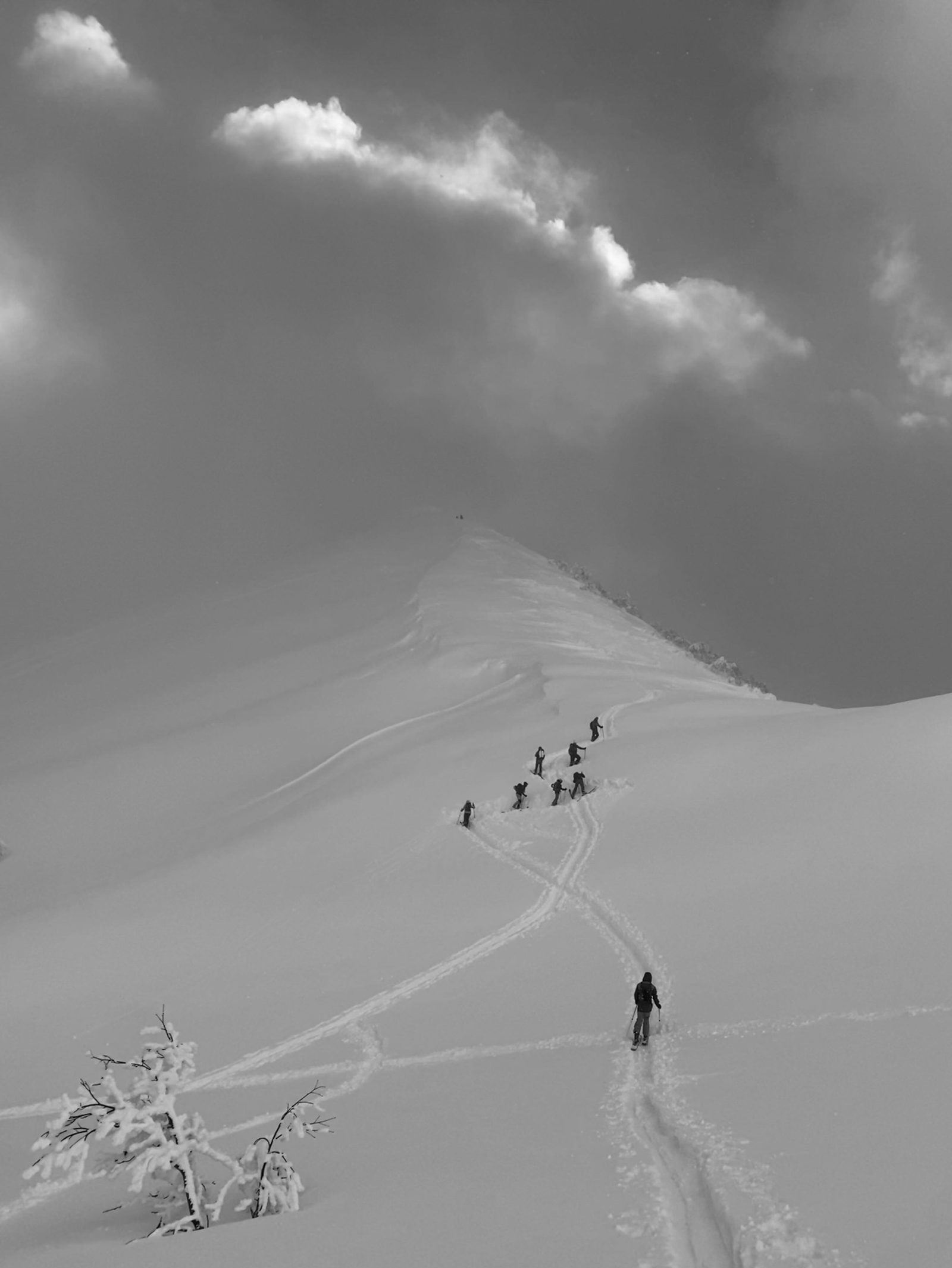 Backcountry skiers climbing a snow ridge beneath heavy clouds